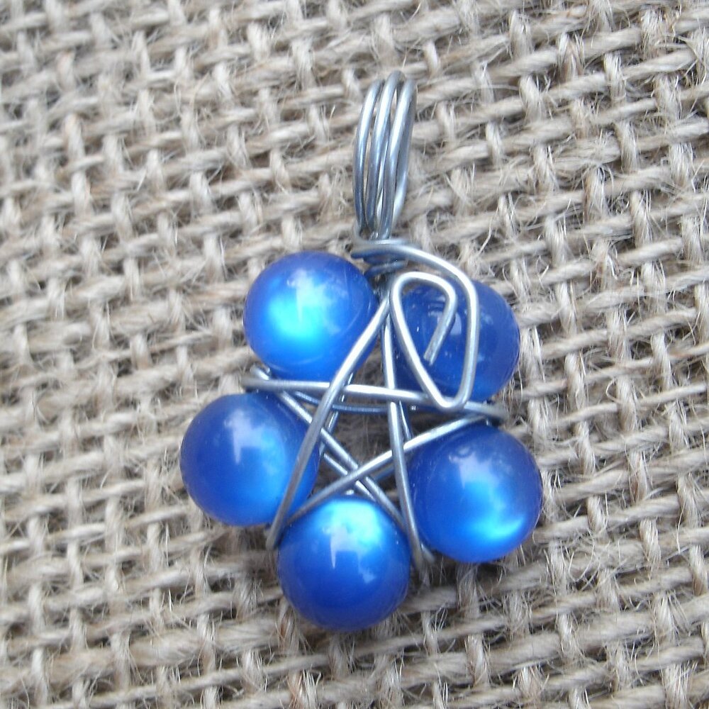 Handmade Blue Aqua Aura Beads Star Flower Pentacle Pendant